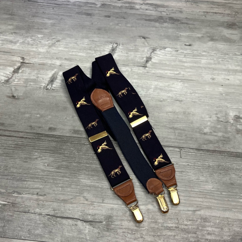 VTG Nautica Navy Dog & Pheasant Clip On Braces Suspenders